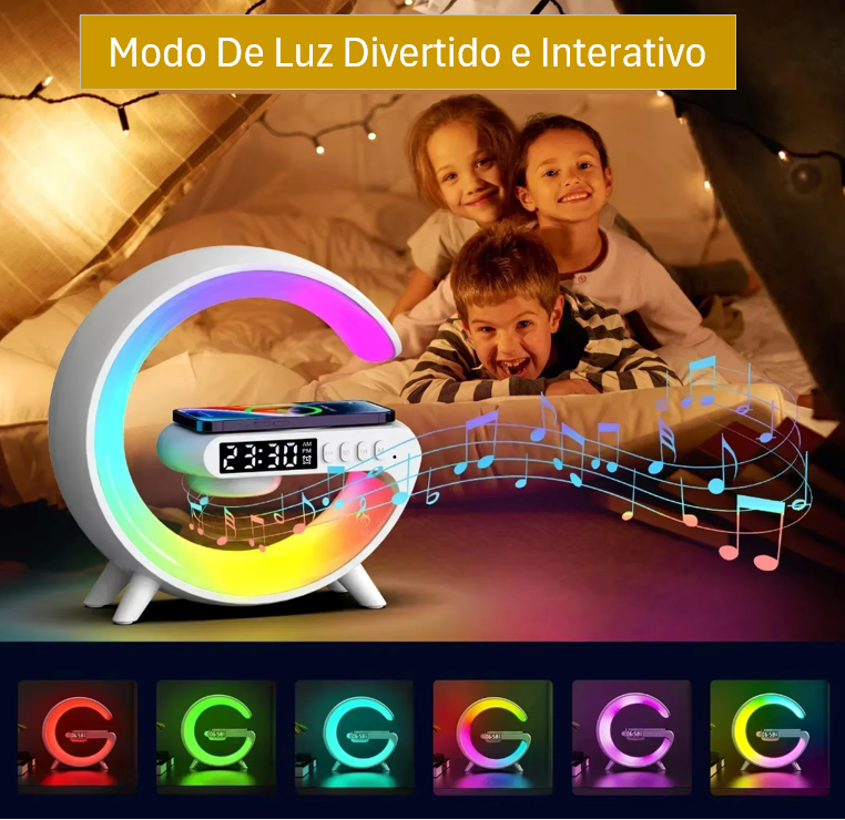 Estação Multifuncional 15W: Carregamento Celular Rápido, Som, Despertador, Luz Noturna e Suporte em Um Só Produto!