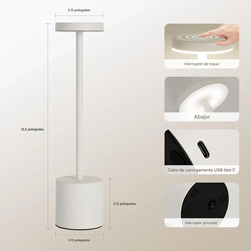 Luminárias em Led de Mesa Sem Fio Recarregaveis Portátil,  Iluminação Regulável em 3 Cores para Quarto, Sala e Sala de Jantar