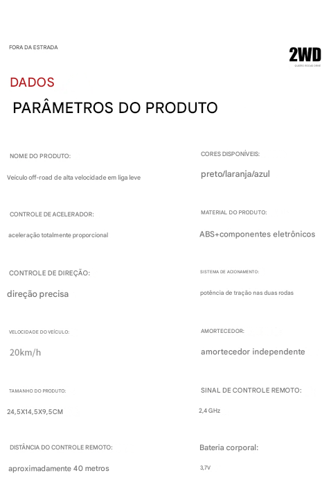 Carrinho Controle Remoto de alta velocidade, Caminhão Off-Road com Luzes LED, Brinquedo para Crianças e Adultos